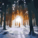 Stylized painting of a snowy forest with sunlight shining through trees