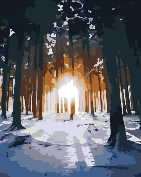 Stylized painting of a snowy forest with sunlight shining through trees