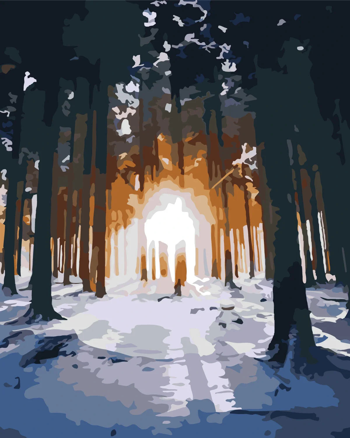 Stylized painting of a snowy forest with sunlight shining through trees