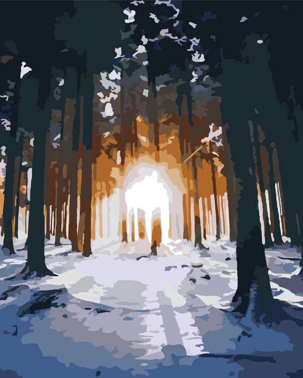 Stylized painting of a snowy forest with sunlight shining through trees
