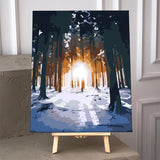 Stylized painting of a snowy forest with sunlight shining through trees