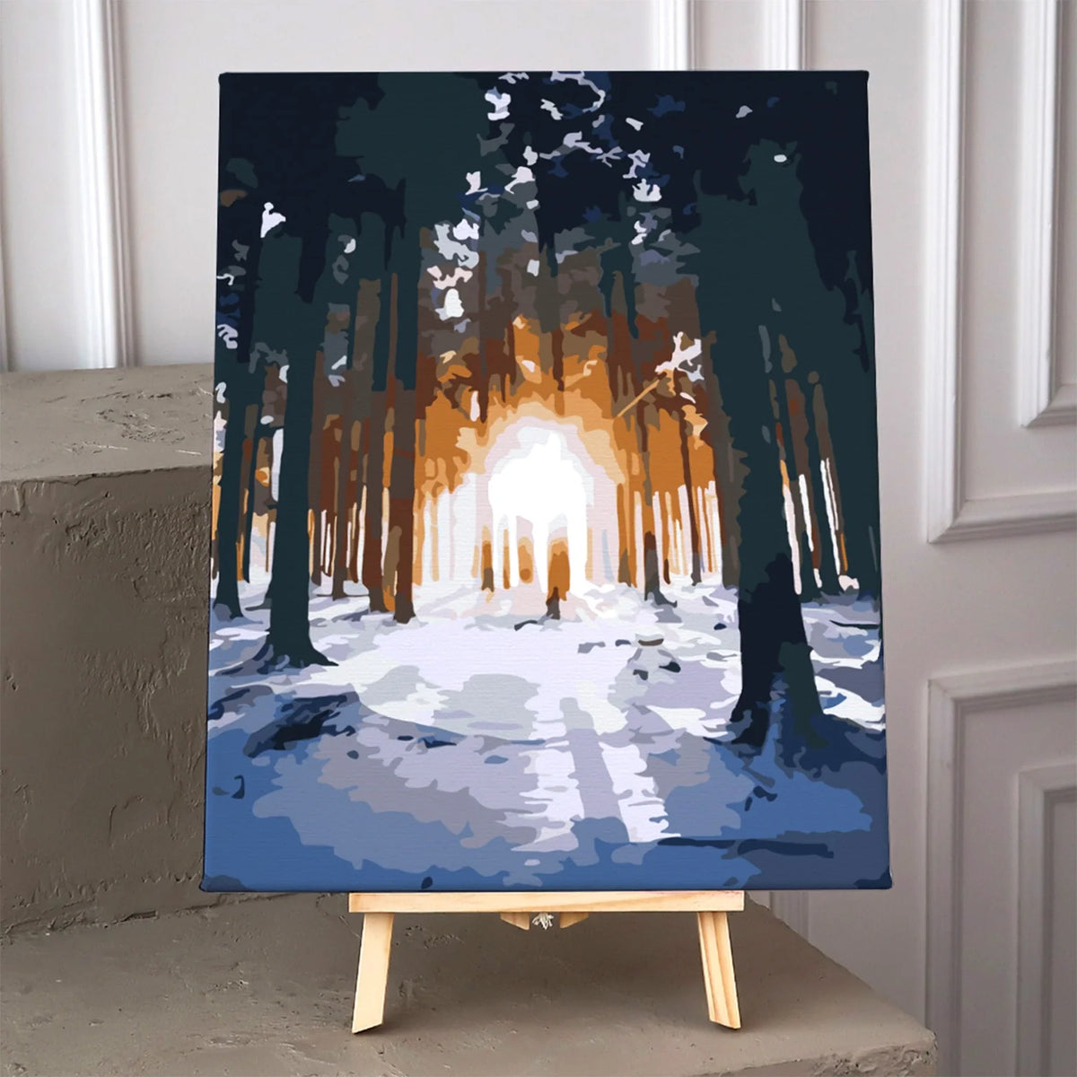 Stylized painting of a snowy forest with sunlight shining through trees
