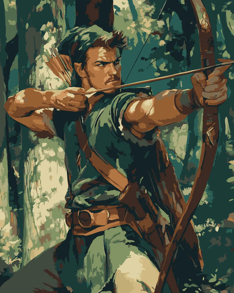 Heroic archer in green aiming bow in a forest painting