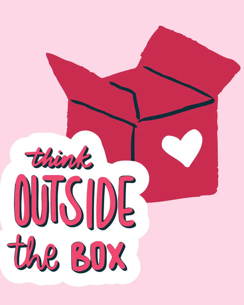 Inspirational artwork with an open box and "Think Outside the Box" text