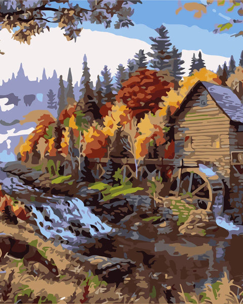 Stylized painting of an autumn landscape with a rustic watermill