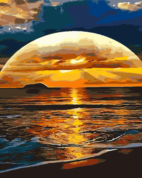 Vibrant painting of a sunset over the ocean with reflections