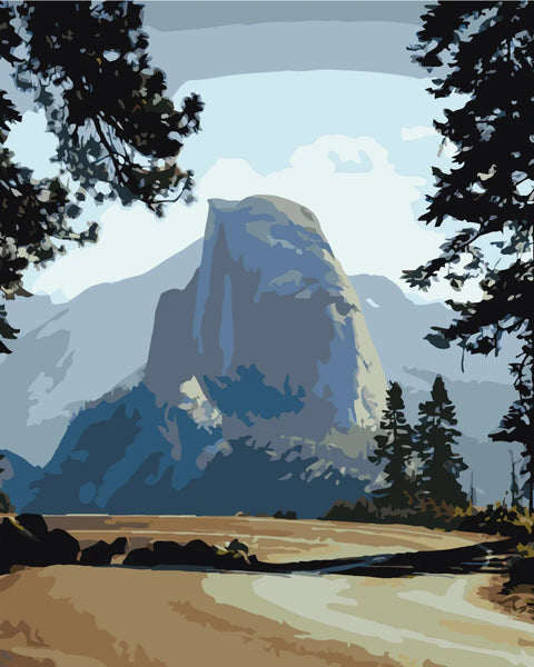 Painting of Yosemite’s Half Dome framed by tall pine trees