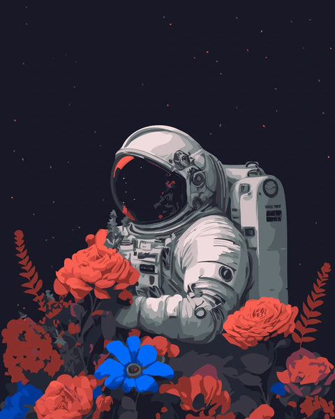 Astronaut surrounded by vibrant flowers in space, surreal painting
