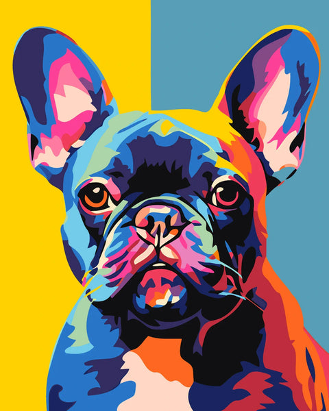 Colorful pop art painting of a French Bulldog portrait