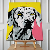 Pop art painting of a Dalmatian dog with colorful background