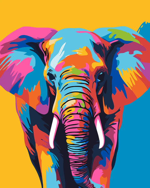 Vibrant pop art painting of an elephant with colorful hues