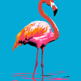 Colorful pop art painting of a flamingo standing in water