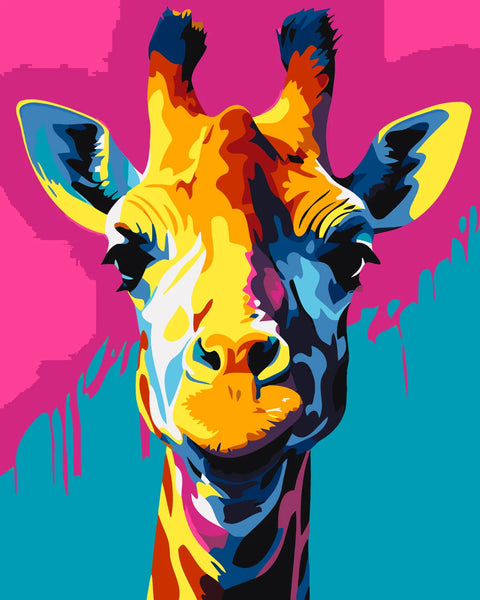 Colorful pop art painting of a giraffe with vibrant background