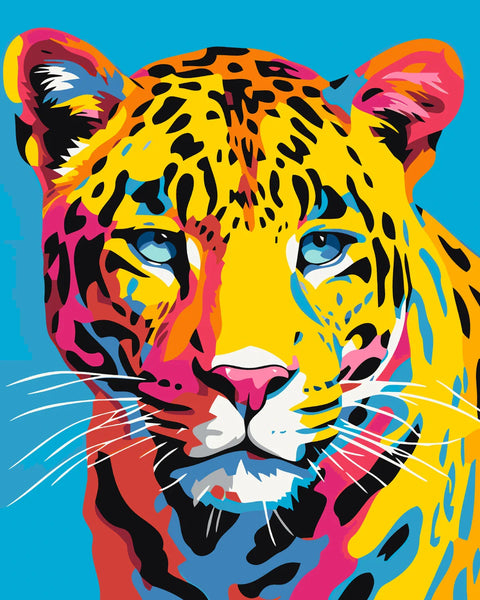 Colorful pop art painting of a jaguar with vibrant blue eyes