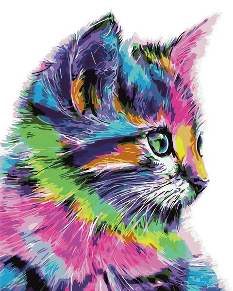 Colorful abstract painting of a kitten with vibrant fur patterns