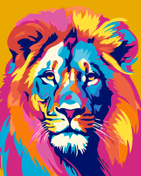 Colorful pop art painting of a lion with a vibrant mane