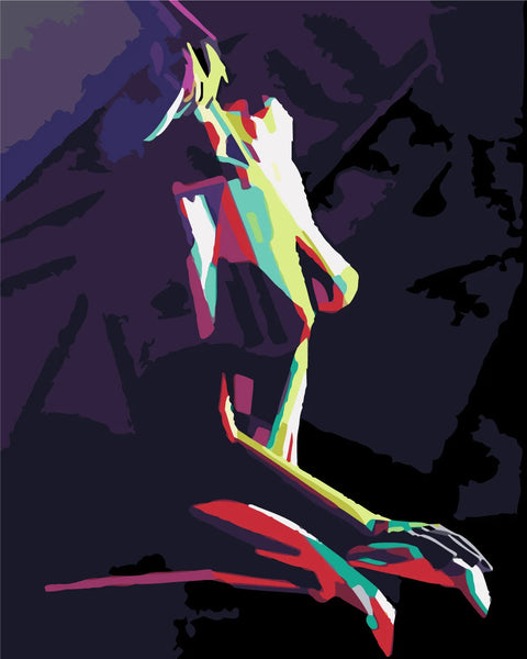 Abstract colorful painting of a female with a dark background
