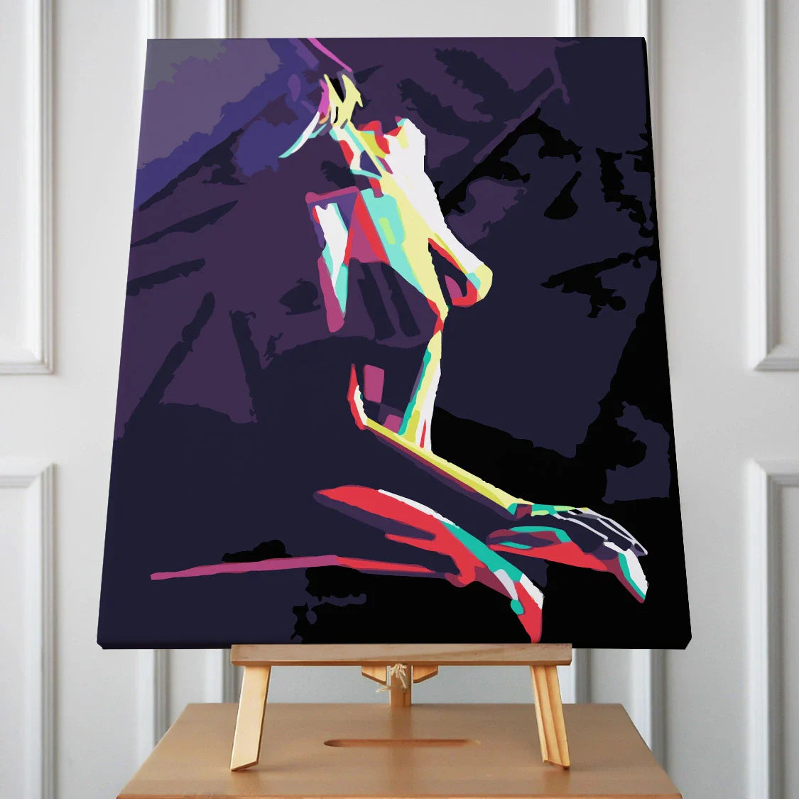 Abstract colorful painting of a female with a dark background