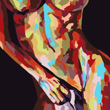 Colorful abstract painting of a female torso with vibrant hues