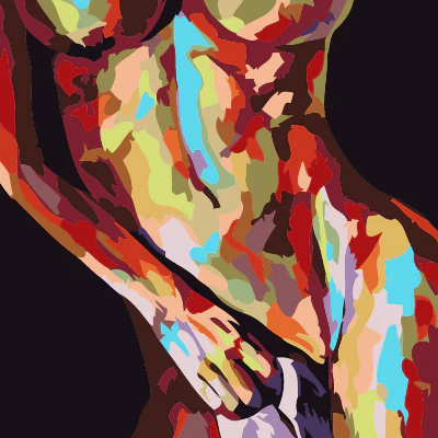 Colorful abstract painting of a female torso with vibrant hues