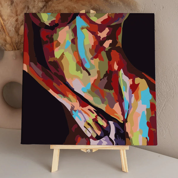 Colorful abstract painting of a female torso with vibrant hues