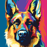 Colorful pop art painting of a German Shepherd with vibrant background