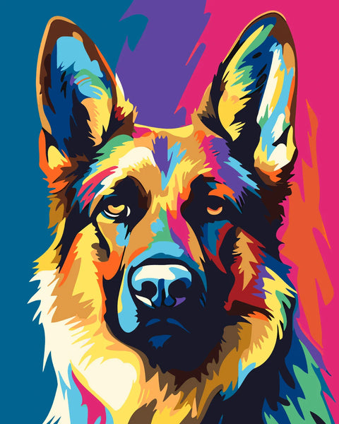 Colorful pop art painting of a German Shepherd with vibrant background