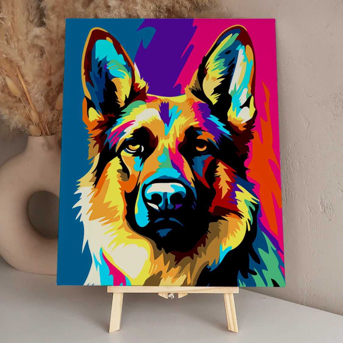 Colorful pop art painting of a German Shepherd with vibrant background