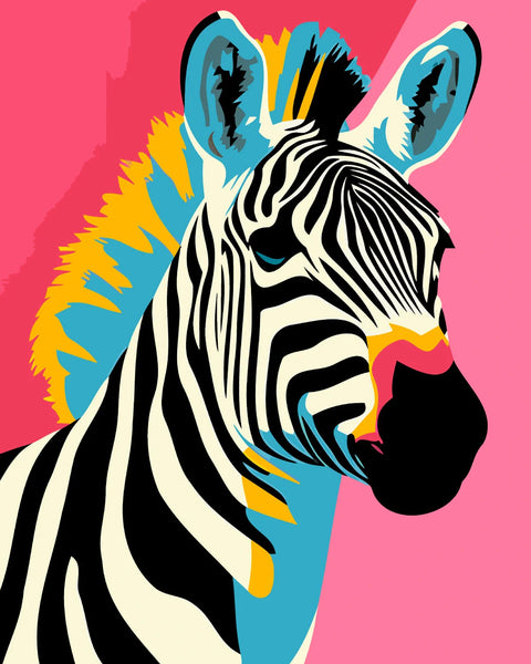 Colorful pop art painting of a zebra with a vibrant background