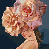 Surreal painting of a woman with large roses as a hat