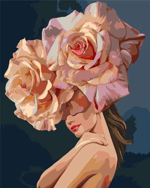 Surreal painting of a woman with large roses as a hat