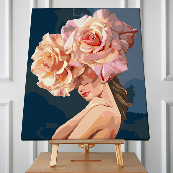 Surreal painting of a woman with large roses as a hat