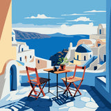 Scenic painting of a Santorini terrace overlooking the sea