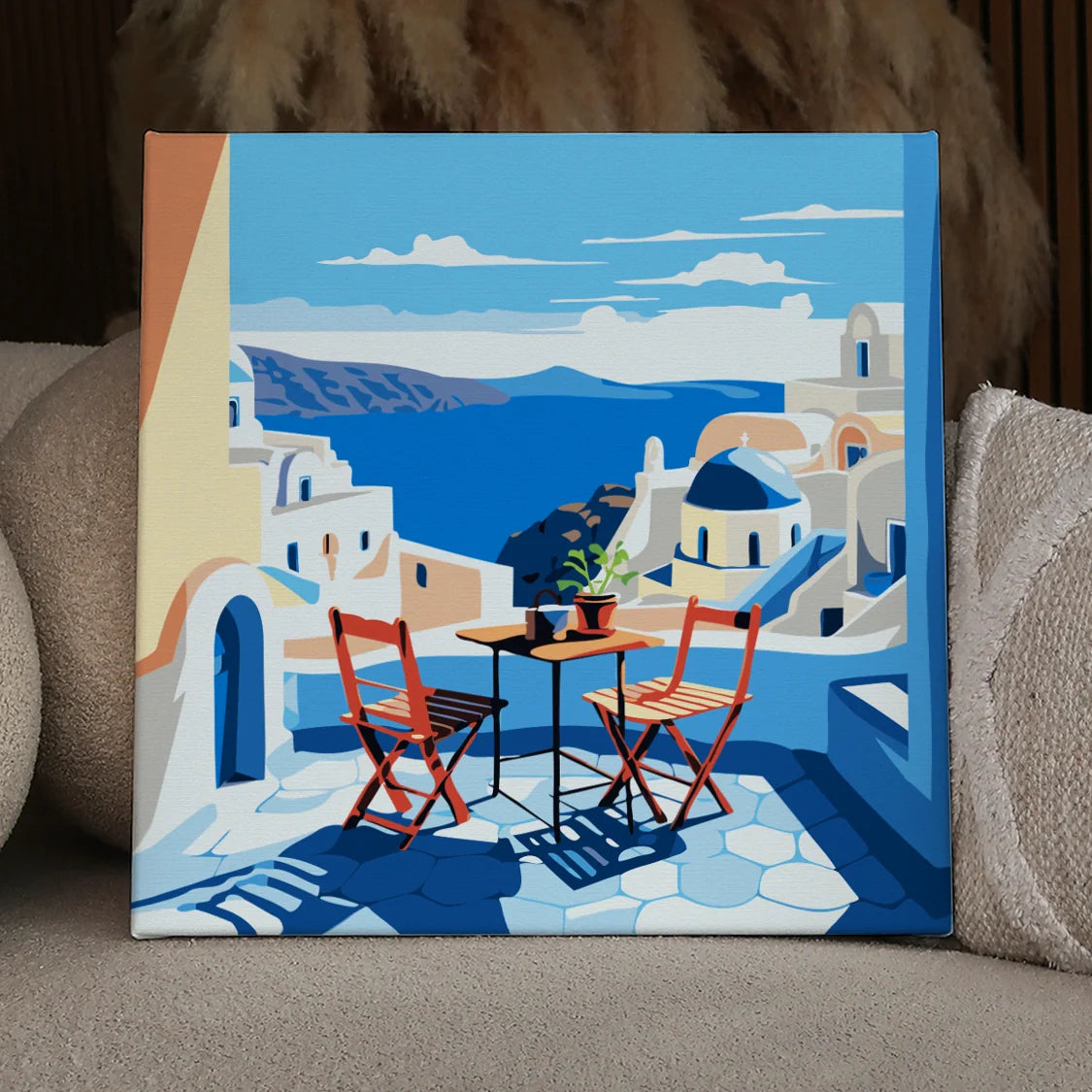 Scenic painting of a Santorini terrace overlooking the sea