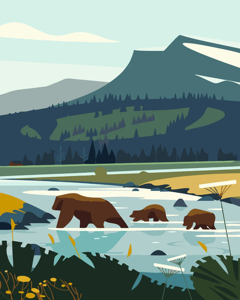 Painting of a bear and cubs crossing a river in nature