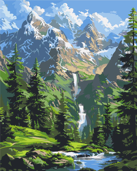 Landscape painting of a mountain scene with waterfalls and greenery