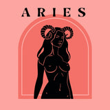 Aries zodiac painting featuring a bold feminine figure with horns