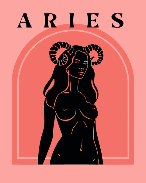 Aries zodiac painting featuring a bold feminine figure with horns