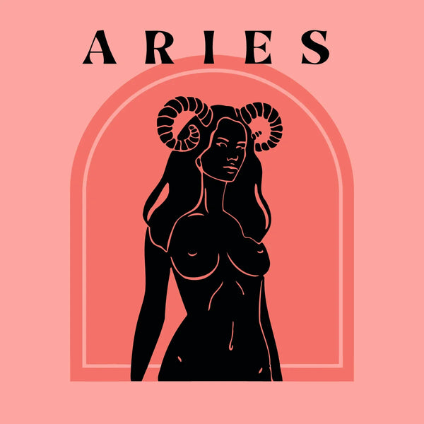 Aries zodiac painting featuring a bold feminine figure with horns