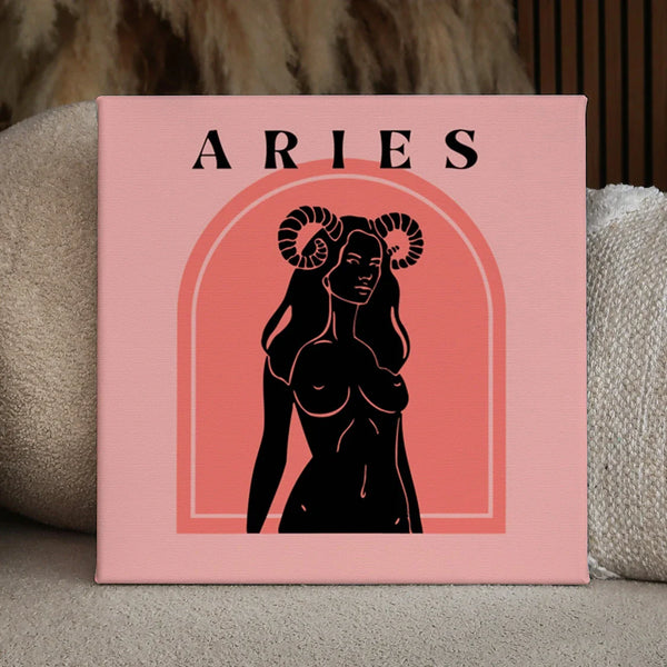 Aries zodiac painting featuring a bold feminine figure with horns