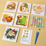 Complete Flavors Around paint by numbers set featuring all six food-themed canvases, paints, brushes, and layout guide.