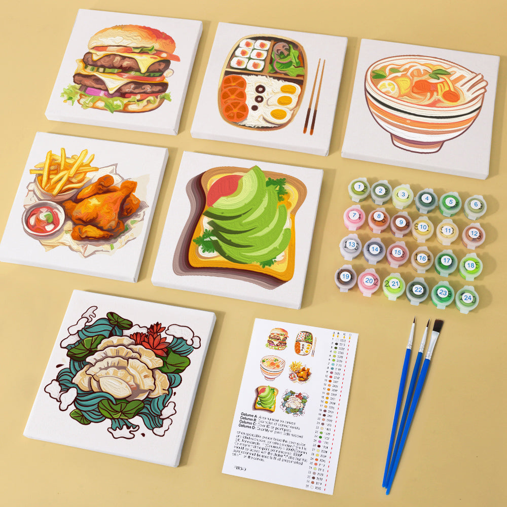 Complete Flavors Around paint by numbers set featuring all six food-themed canvases, paints, brushes, and layout guide.