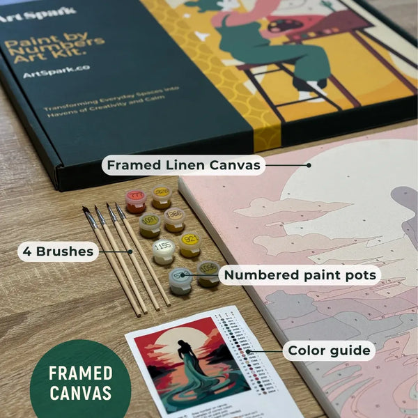ArtSpark Framed Canvas Paint by Numbers Kit with brushes, paint pots, and color guide.