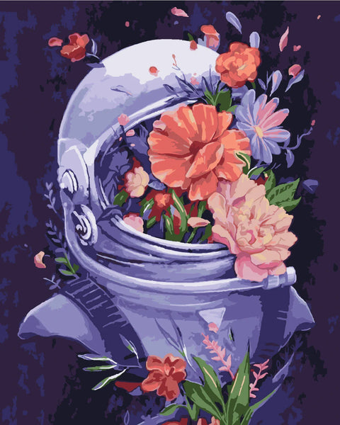 Astronaut helmet filled with blooming flowers in a surreal painting