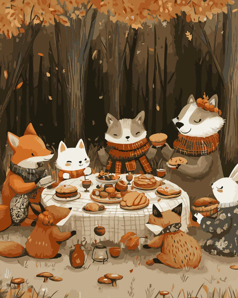 Forest animals having a cozy autumn picnic with warm pastries