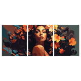 Woman with flowing hair adorned with orange flowers in triptych painting