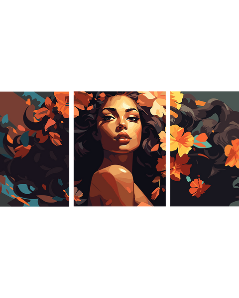 Woman with flowing hair adorned with orange flowers in triptych painting