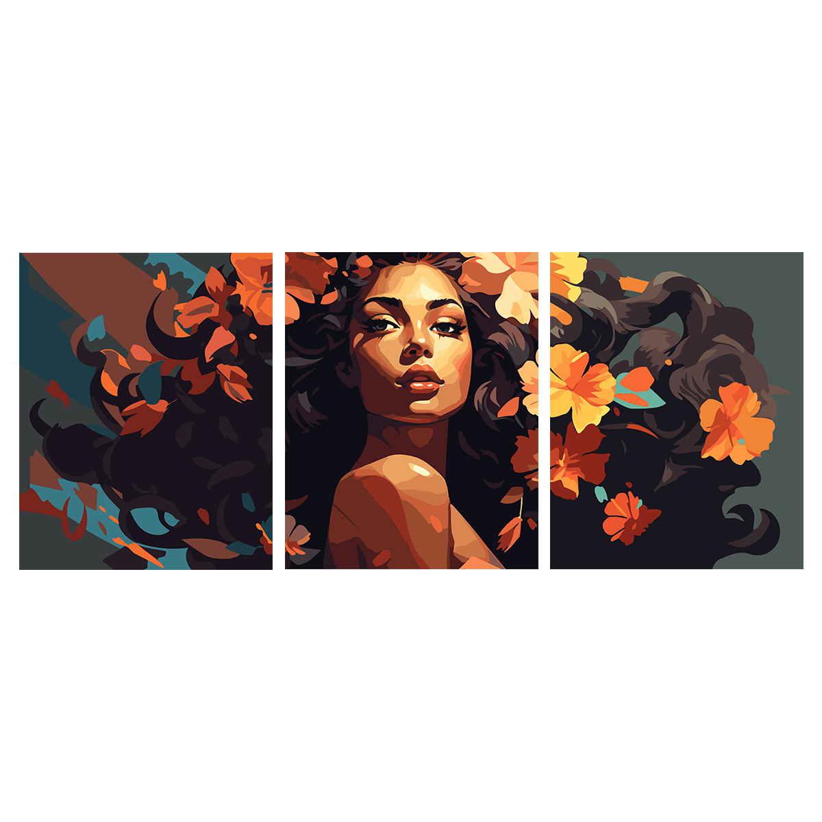 Woman with flowing hair adorned with orange flowers in triptych painting