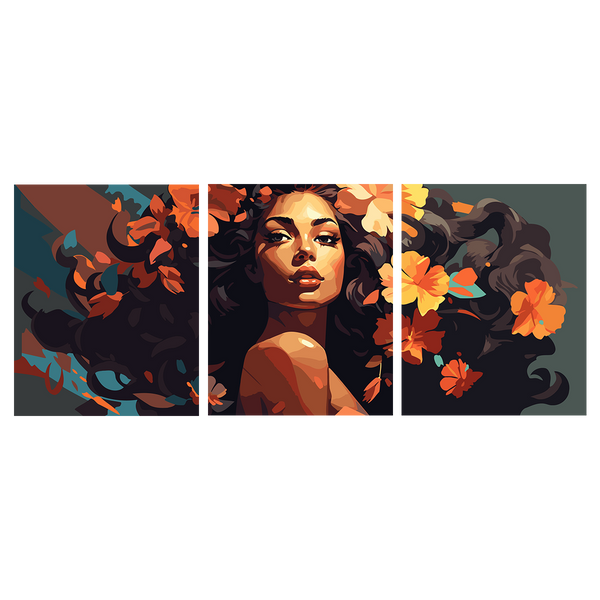 Woman with flowing hair adorned with orange flowers in triptych painting