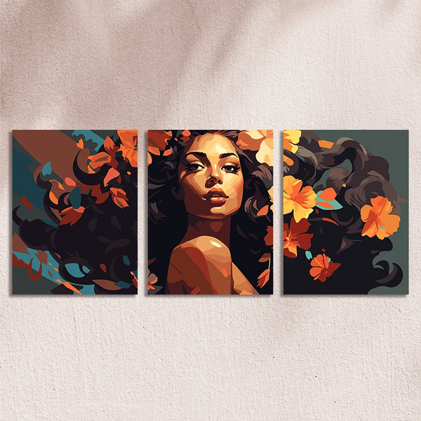 Woman with flowing hair adorned with orange flowers in triptych painting